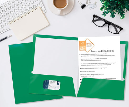 Better Office Products 25 Pack 2 Pocket Glossy Laminated Green Paper Folders, Letter Size
