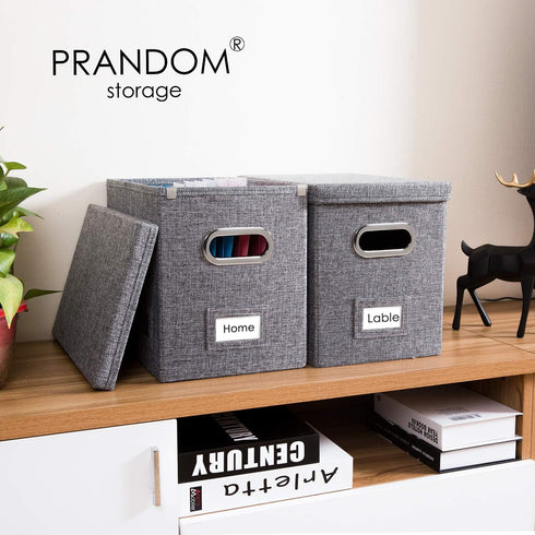 PRANDOM File Organizer Box - Set of 1 Collapsible Decorative Linen Filing Storage Hanging File Folders with Lids Office Cabinet Letter Size Grey (14x9.3x10.8 inch) by PRANDOM