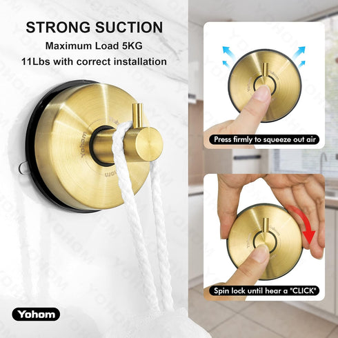 2Pcs YOHOM Suction Cup Hooks for Shower Towel Holder Stainless Steel Vacuum Bathroom Shower Hook Suction Washcloth