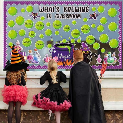 gisgfim Halloween Bulletin Board Decorations Set with Cauldron, Black Cat, Magic Jar Paper Cutouts