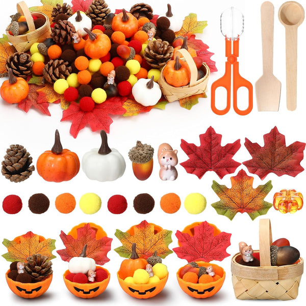WinnerWhy 320 Pcs Fine Motor Toys Fall Thanksgiving Decorations, Sensory Bin Filler, Pumpkin
