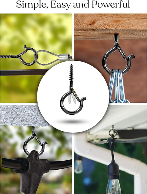 Brightech String Light Screw Hooks, Ceiling Hooks for Hanging Solar and Outdoor String Lights, 15 Pack, Black