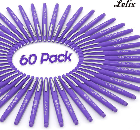 60 0.7mm Lelix Felt Tip Pens, Purple Pens, Medium Point, Felt Tip Markers Pens for Journaling, Writing, Note Taking
