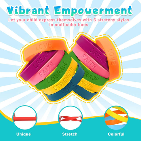 Podzly 48 Motivational Wristbands, Positive Message Rubber Bracelets for Kids, Bulk Silicone Bracelets with