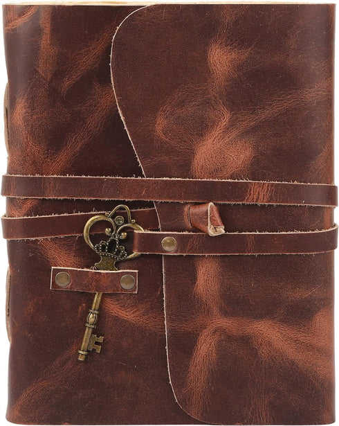 Leather Journal with lined Deckle Edge Paper 8x6 inch and Vintage Key/Handmade Writing Notebook Diary/Bound Daily Notepad for Men & Women Medium, Sketch/Writing pad, for Artists