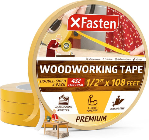 XFasten Double Sided Woodworking Tape 1/2" x 36 Yards (4-Pack) - Removable & Residue Free Woodworker Tape