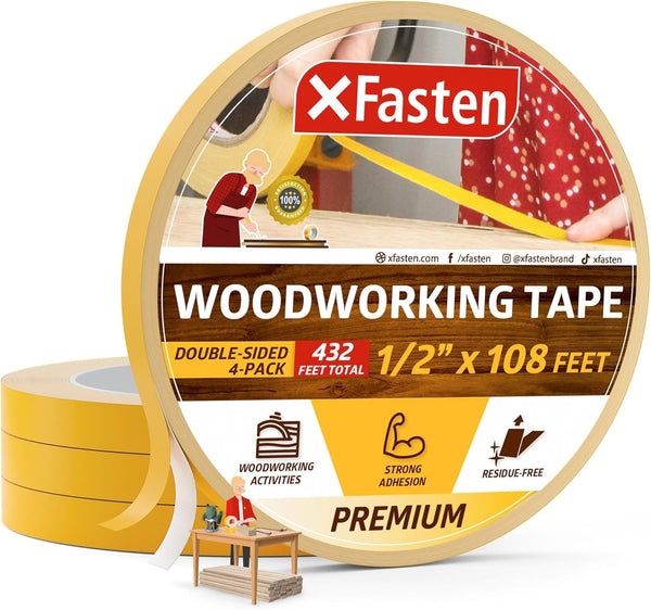 XFasten Double Sided Woodworking Tape 1/2" x 36 Yards (4-Pack) - Removable & Residue Free Woodworker Tape