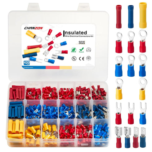 Chanzon 420pcs Insulated Wire Connector Kit, Male & Female Quick Disconnect Crimp Terminal Splice Tools