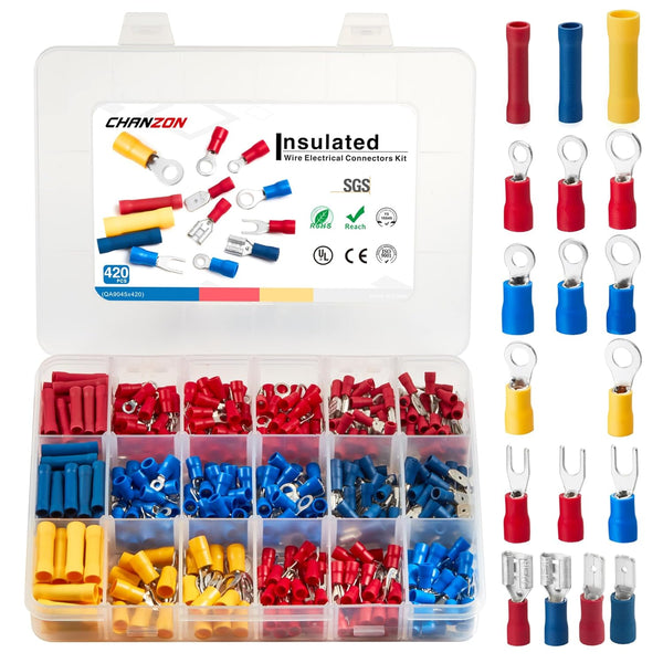 Chanzon 420pcs Insulated Wire Connector Kit, Male & Female Quick Disconnect Crimp Terminal Splice Tools