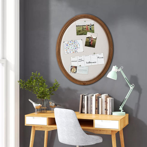 SOFE Oval Framed Linen Bulletin Board, 21 x 17 Inches, Unique Fabric Pin Board for Office Home School with Pins