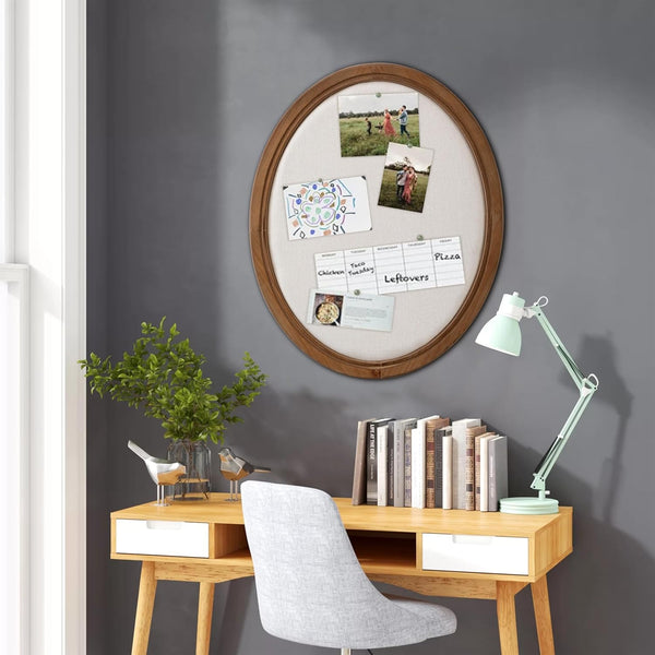 SOFE Oval Framed Linen Bulletin Board, 21 x 17 Inches, Unique Fabric Pin Board for Office Home School with Pins
