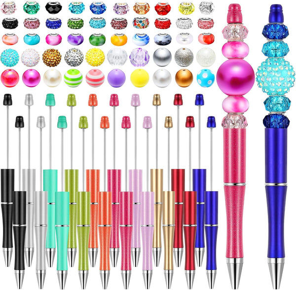 Yexiya 20 Pieces Beadable Pen Set - Multicolor Ballpoint Pens with Assorted Colors Beads for DIY Supplies