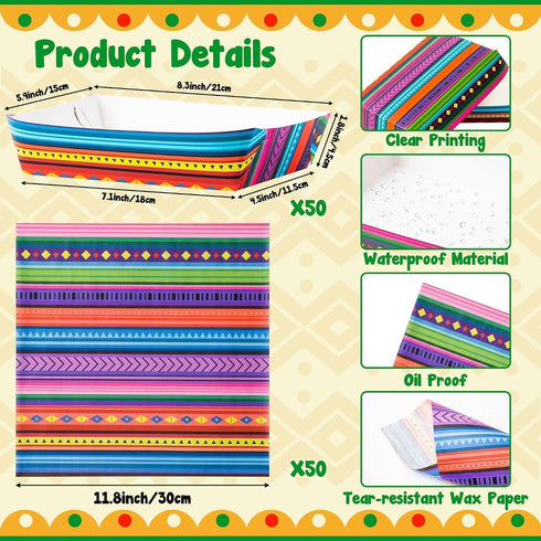 120Pcs Mexican Taco Nights Food Trays Mexican Wax Paper Deli Nacho Popcorn Assembled Trays Snack Candy Holder