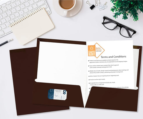 Better Office Products 2 Pocket Glossy Laminated Brown Paper Folders, Box of 25, Letter Size