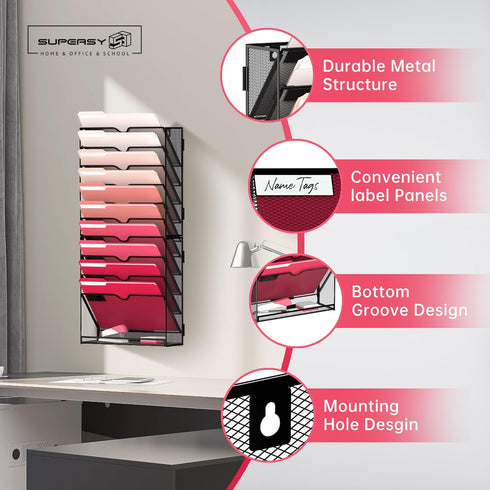 SUPEASY 11-Tier Hanging Wall File Organizer, Black Mesh Office Mail Holder for Papers, Folders, Files, Magazine Rack