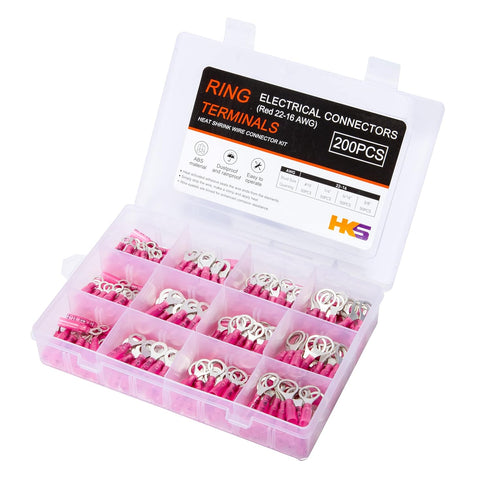 HKS 200PCS Heat Shrink Ring Terminals - Red 22-16 AWG - Tinned Copper Marine Electrical Wire Connector Kit