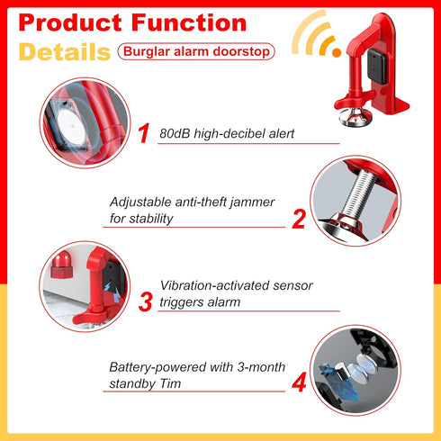 80dB Portable Alarm Door Stopper - Anti-Theft Security Alarm Door Stoppers for Bottom of Door, Adjustable and Easy
