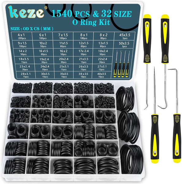 32 Size 1540 Pcs Rubber O Rings Assortment Kit with Pick and Hook Set for Plumbing and Automotive Repair
