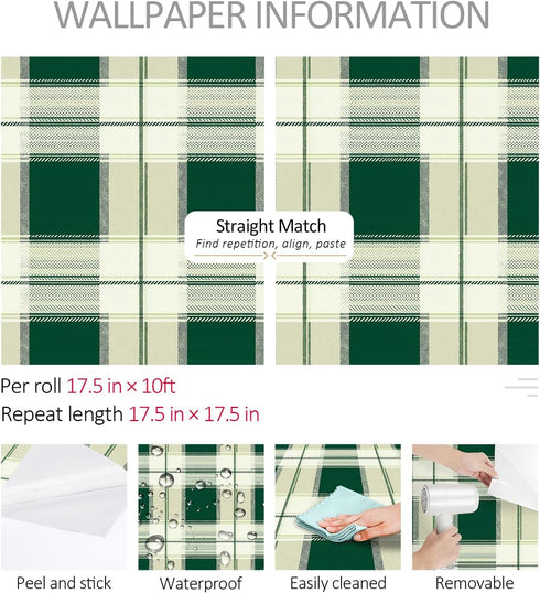 17.5in 23ft ReWallpaper Vintage Tartan Wallpaper Peel and Stick Waterproof Green Plaid Checkered Wallpaper Removable