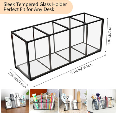 Desk Pencil Holder, Tempered Glass Pen Organizer, 3&4 Compartments, Black, for Office & School Supplies
