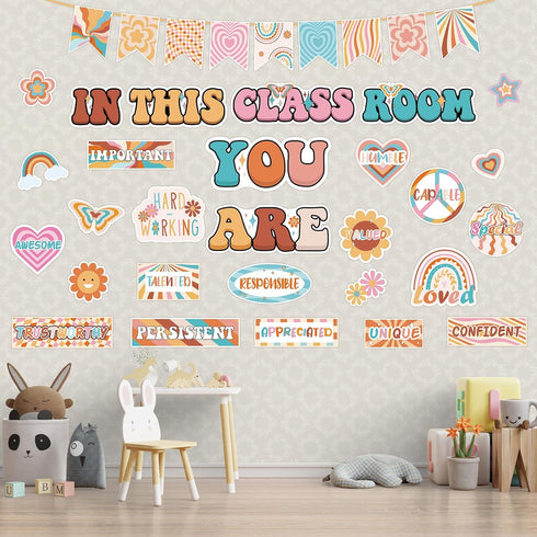 Boho Bulletin Board Decorations Retro Classroom Decor, 30Pcs Inspirational Affirmation Decor Daisy Floral Rainbow Bulletin Board Signs for Teacher School Supplies Groovy Classroom Decor by VABAMNA