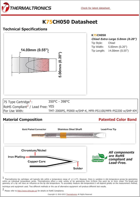 Thermaltronics K75CH050 Chisel, Extra Large, 5.0mm (0.20in)