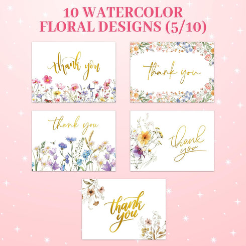 50 Pack 6x4in 10 Decorably Gold Foiled Wildflower Thank You Cards Wedding with Envelopes and Stickers, Folded