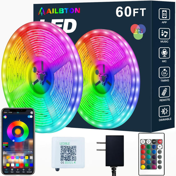 AILBTON Led Strip Lights,60ft Music Sync Color Changing, Built-in Mic,Bluetooth App Control