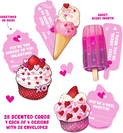 Kangaroo Strawberry & Cherry Scented Valentines Day Cards with Envelope - Scratch & Sniff for Kids, Pack of 28