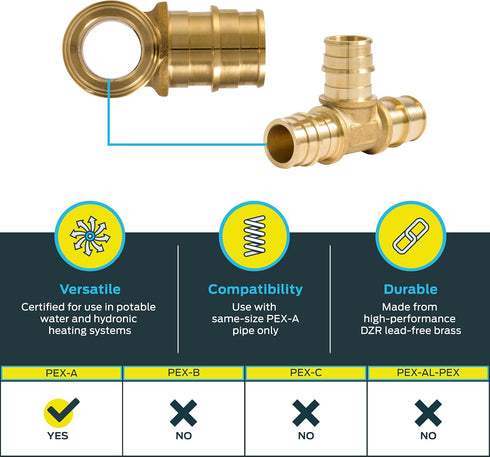 SharkBite 3/4 Inch Brass Expansion Tee for PEX-A Pipe, Plumbing Fittings, UAB370LFA
