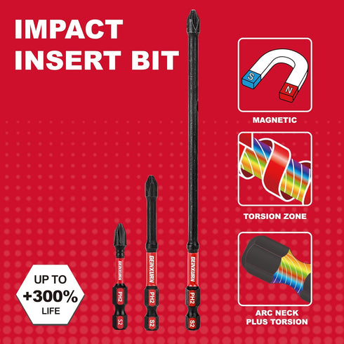 Impact Tough #2 Phillips Mixed Driver Bits, 30 Pack, 2/3/6 in. D2 Steel Long Extension, 1/4 Inch Hex Shank