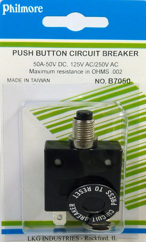 Philmore 50A Push Button Manual Reset Thermal Circuit Breaker 50V DC, 125V AC