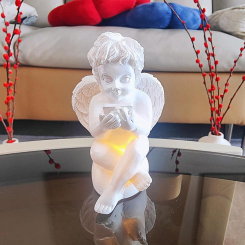 3.2" 3.2" 4.4" Illuminated Cherub Table Lamp - x x White Resin Angel Figurine