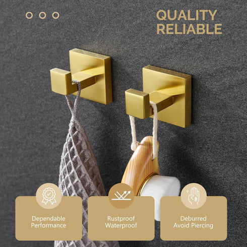 Angle Simple Towel Hook Brushed Gold 2 Pack, 304 Stainless Steel Square Robe Hook for Bathroom Use