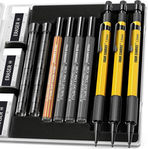 Four Candies 3PCS 1.3mm Mechanical Pencil Set with Case, Metal Heavy Duty Carpenter Pencils with 48 Refill