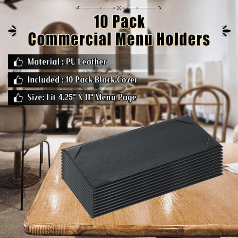 4.25" 11" 10 Pack 1 Menu Covers x View Black PU Leather Restaurant Menu Holders, Single Panel with Angled Corners