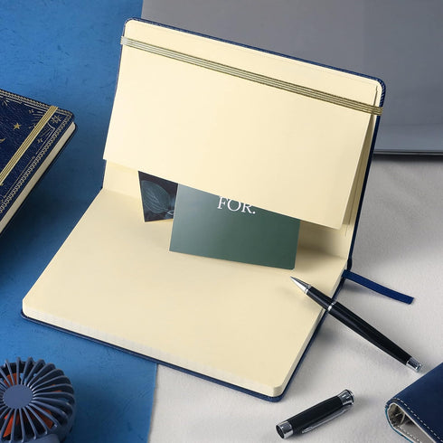 Blue Faux Leather Ruled Notebook/Journal, 144 Pages, Large, Premium Thick Paper, Hard Cover with Pocket