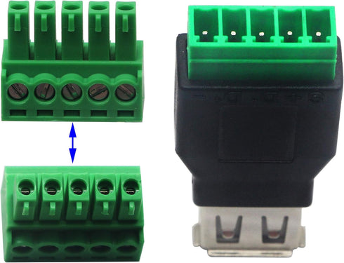 CGTime USB 2.0 A Screw Terminal Block Connector, Female Plug to 5 Pin/Way Female Bolt Screw Shield (2Pack)