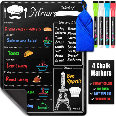Magnetic Dry Erase Black Menu Board (16 x 12") for Fridge, Weekly Meal Planner with 4 Neon Chalk Markers & Cloth Eraser