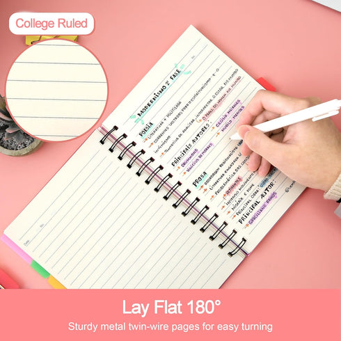 CAGIE 5 Subject Notebooks - College Ruled Spiral Notebook 5x7 with Divider Tabs, 220 Pages, A5 Pink Spiral Notebook for