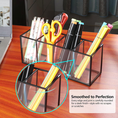 Desk Pencil Holder, Tempered Glass Pen Organizer, 3&4 Compartments, Black, for Office & School Supplies