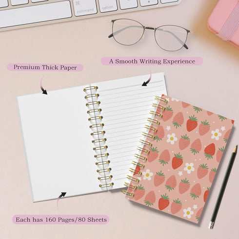Strawberry Journal, Aesthetic Spiral Notebook for Women, Cute Composition Notebook, 5.5x8.3 Hardcover Office Supplies