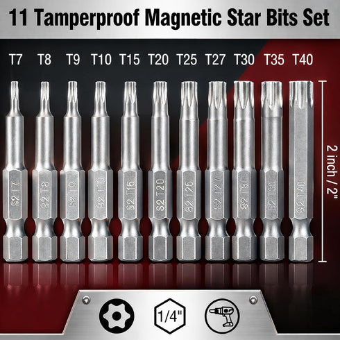 Set, 11 2 Inch 1/4" T7-T40, S2 Set, Bates- Security Torx Bit pcs, Long, Drive Hex Shank, Steel, Tamperproof Magnetic