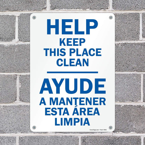 SmartSign U9-1807-NP "Help Keep This Place Clean" Bilingual Sign, 10" x 14"