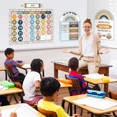 Calendar Bulletin Board Set - Seasons Weather Chart CTP Display with Stickers for School Classroom (Rainbow Style)