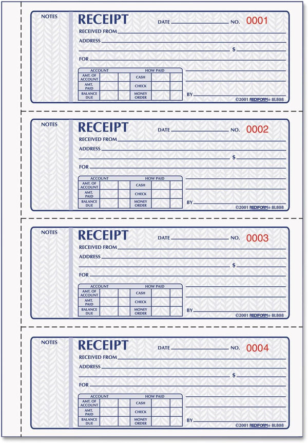Rediform 8L808R Money Receipt Book 2 3/4 x 7 Carbonless Triplicate 100 Sets
