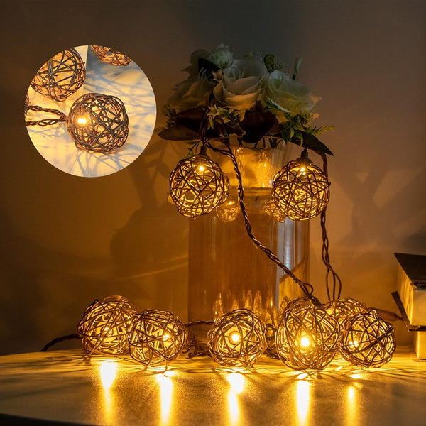 Vigdur Rattan Ball String Lights, Boho Lantern String Lights with 10 Led