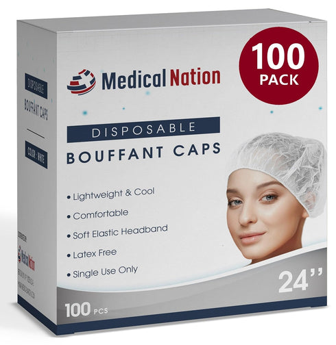 MEDICAL NATION 24" Hair Net Disposable Bouffant Caps |100 Pack, White| Hairnets,