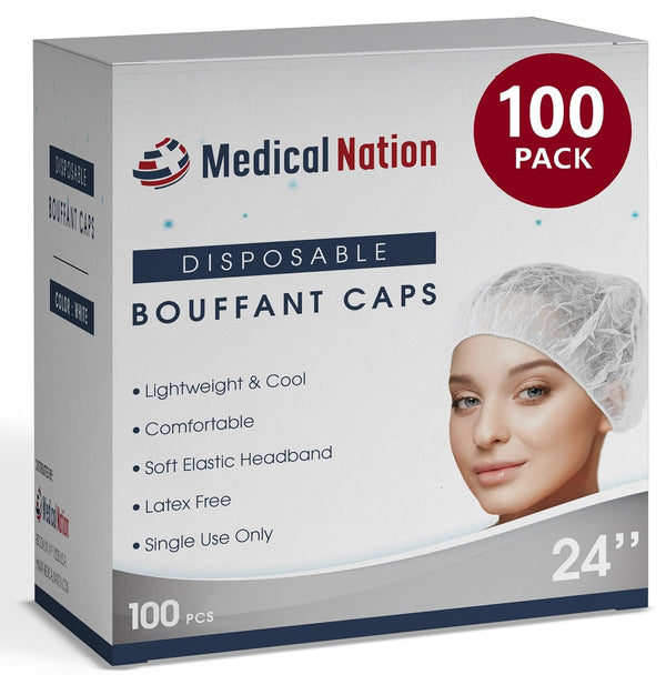 MEDICAL NATION 24" Hair Net Disposable Bouffant Caps |100 Pack, White| Hairnets,