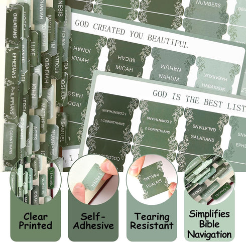 JarThenaAMCS 75Pcs Laminated Bible Tabs Greenery Index Tabs Green Leaves Large Print Neutral Blank Tab for Bible